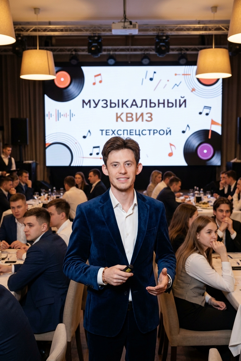 Руслан на музыкальном квизе в синем бархатном пиджаке